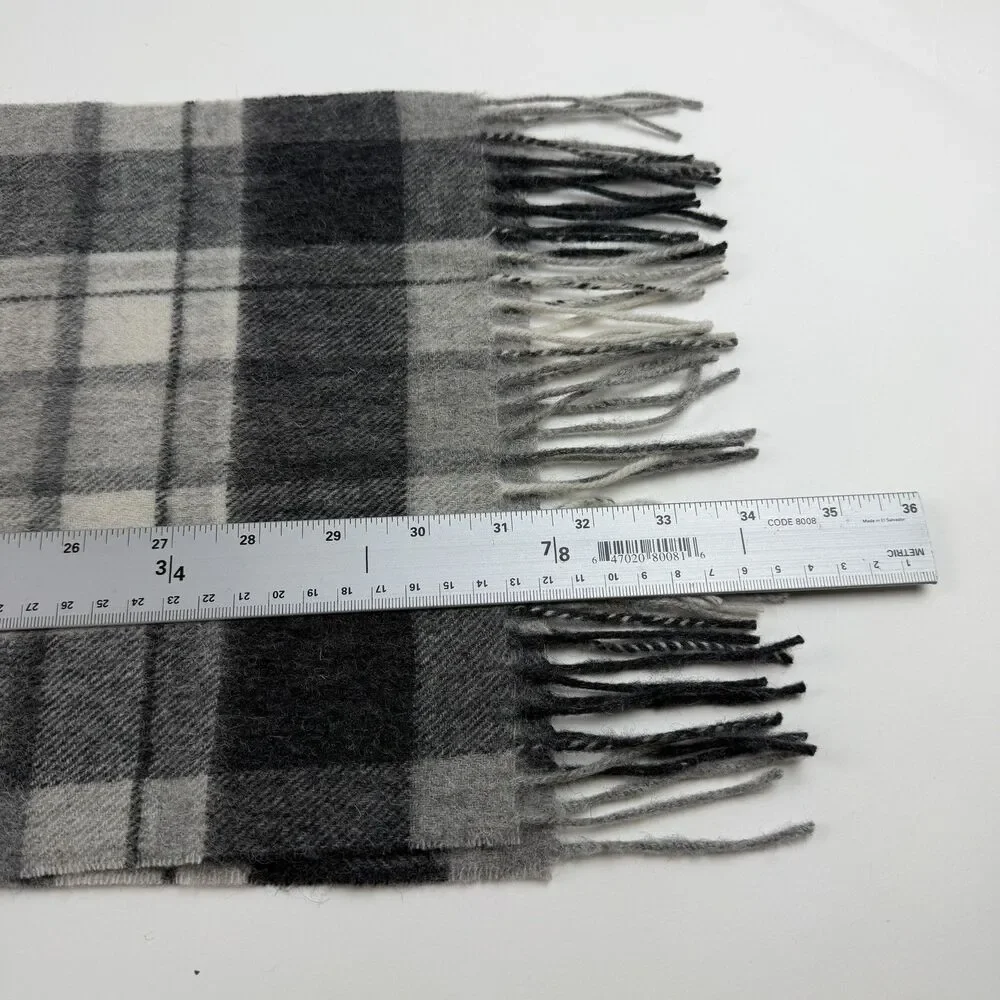 Kiltane Of Scotland  Lambswool Fringe Scarf Black Grey Plaid 11 x 62 Preppy